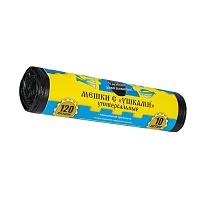 Мешки для мусора 120 л, с ушками, черные, в рулоне 10 шт., ПНД, 13 мкм, 1050х680 мм, Крепакоф, 4607075710436 в Ульяновске