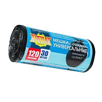Мешки для мусора 120 л, с ушками, черные, в рулоне 30 шт., ПНД, 15 мкм, 1100х700 мм, Крепак, 4607075710375 в Ульяновске