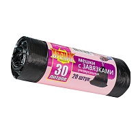 Мешки для мусора 30 л, с завязками, черные, в рулоне 20 шт., ПНД, 12 мкм, 580х500 мм, Крепак, 4607075710306 в Ульяновске